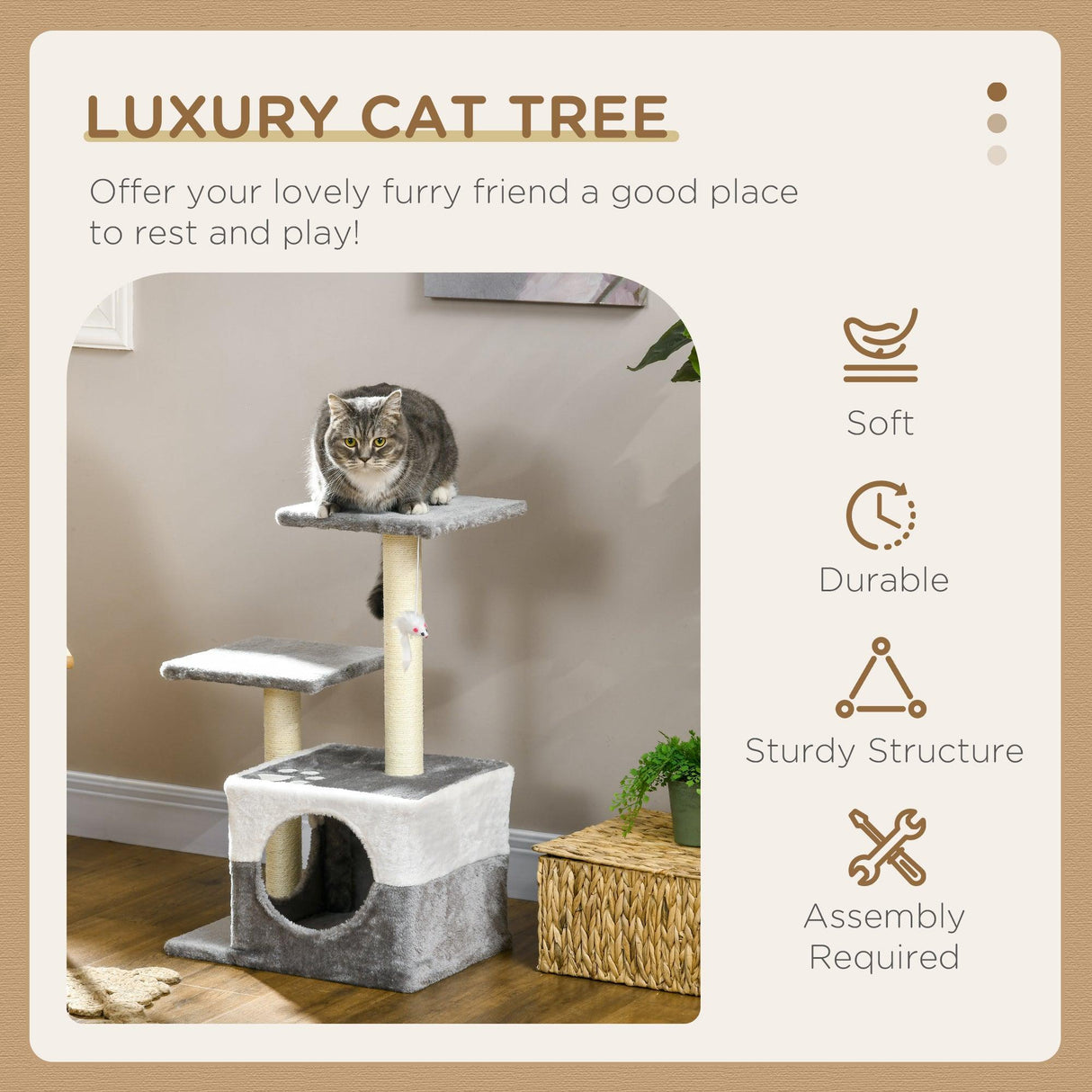 Cat Tree with Scratching Posts, Perches, and Toy Mouse, 70cm - Grey - Cat Trees - Purr Wish