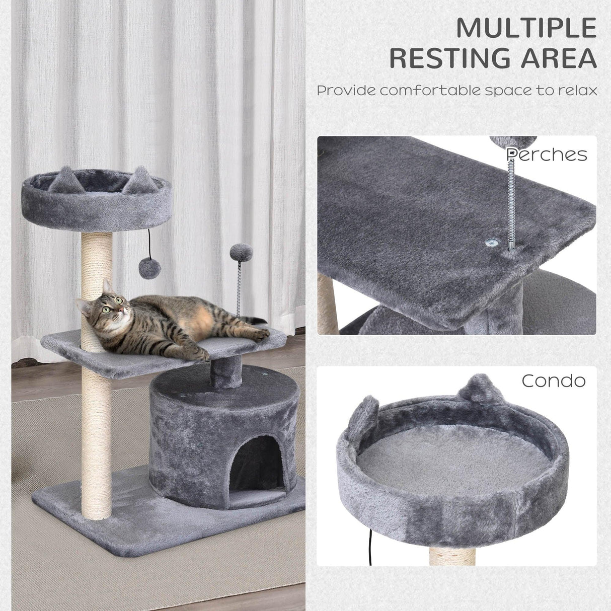 3-Tier Cat Tower w/ Hide-Away House, 81cm - Grey - Cat Trees - Purr Wish