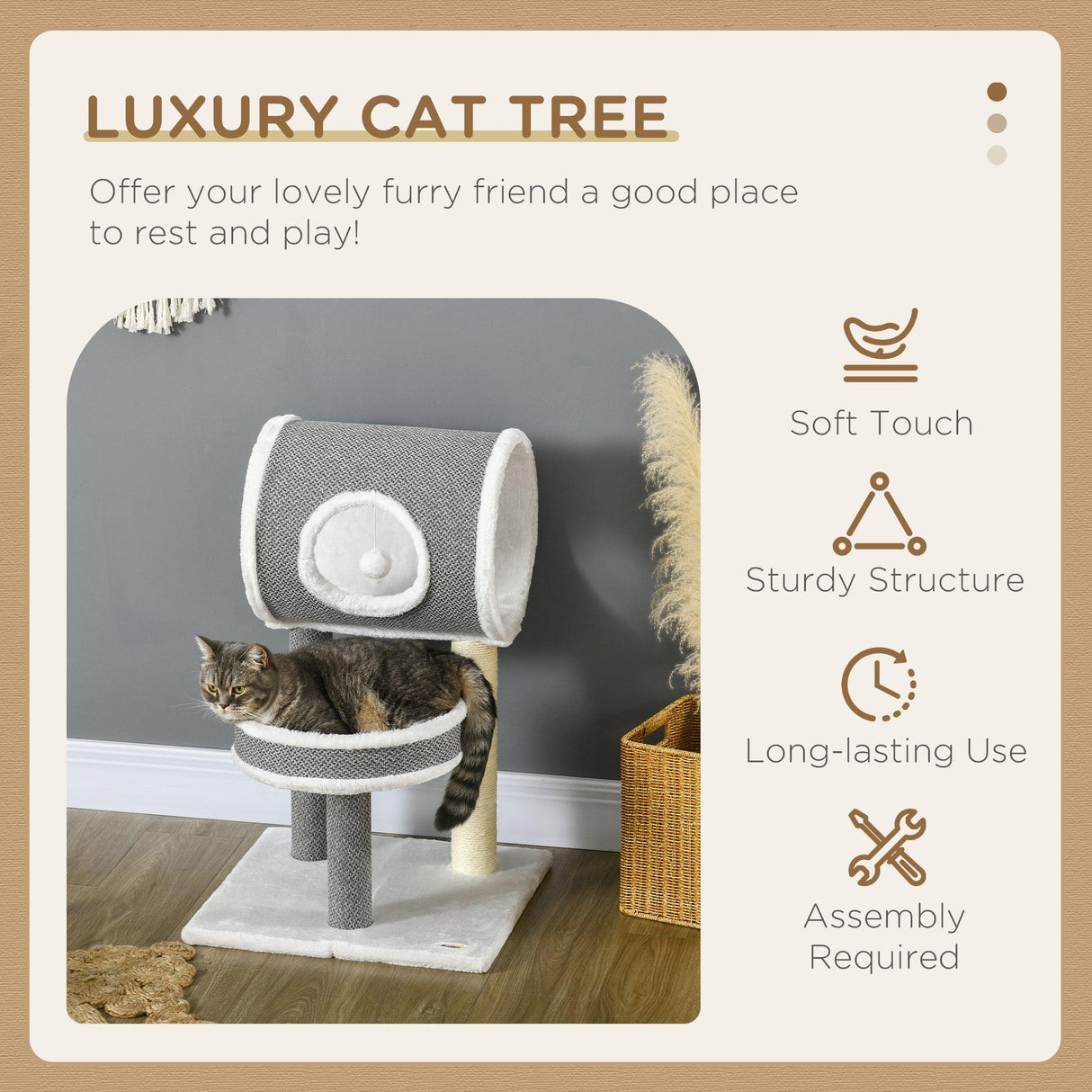 Cat Tree w/ Scratching Posts, Tunnel, Plush Bed, 73cm - Grey & White - Cat Trees - Purr Wish