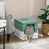 Hooded Cat Litter Box with Scoop, Green & White - Cat Litter Trays - Purr Wish