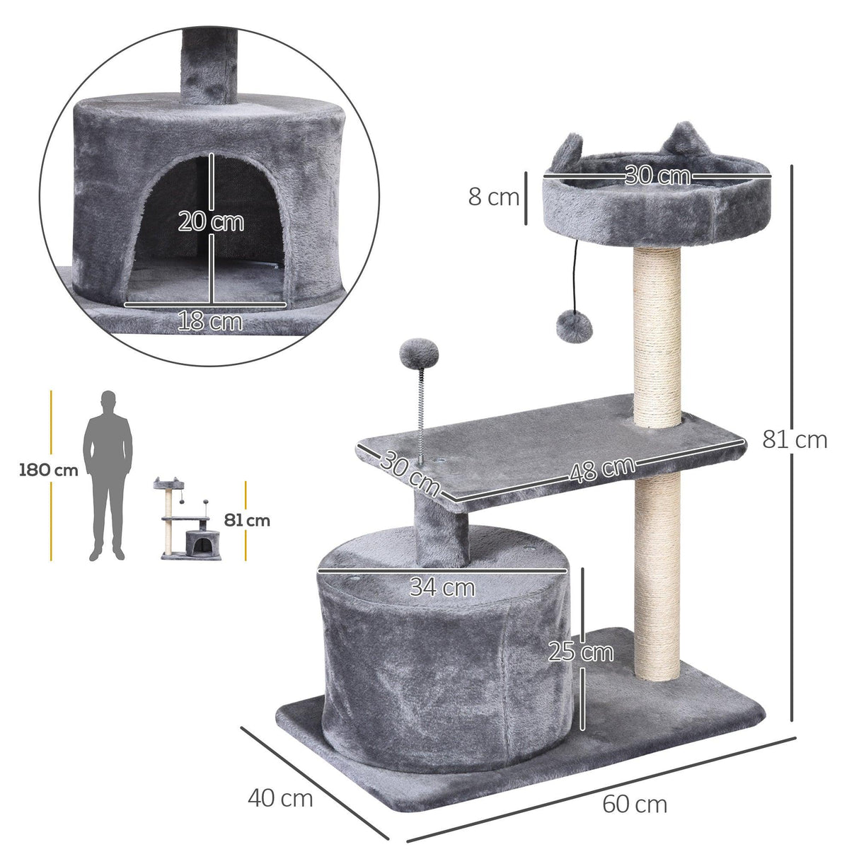 3-Tier Cat Tower w/ Hide-Away House, 81cm - Grey - Cat Trees - Purr Wish