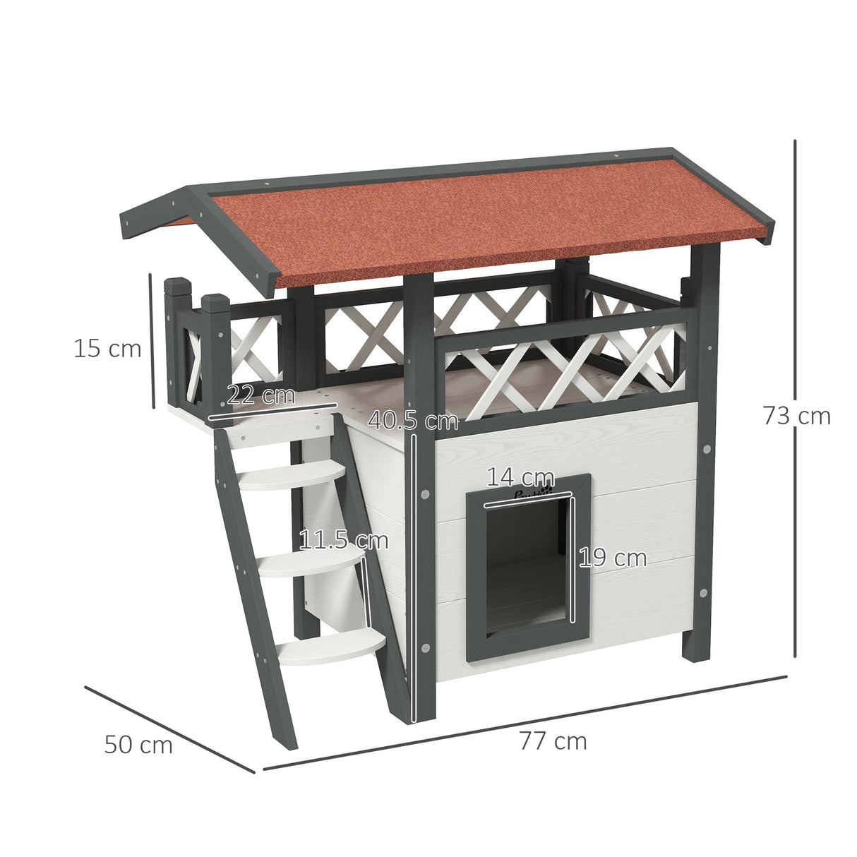 Cat House Outdoor with Balcony, Stairs, Roof - White