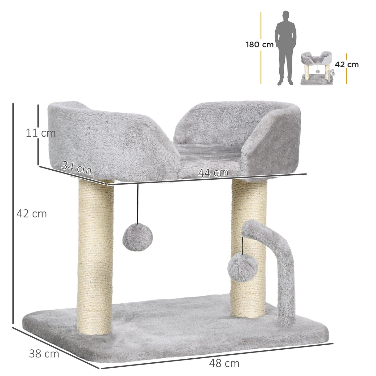Cat Tree with Toy Balls and Sisal Scratching Post, 42cm - Light Grey - Cat Trees - Purr Wish