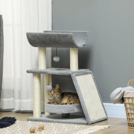 Multi-Level Cat Tree Tower w/ Bed, Perch, Toy Ball, 76cm - Grey - Cat Trees - Purr Wish