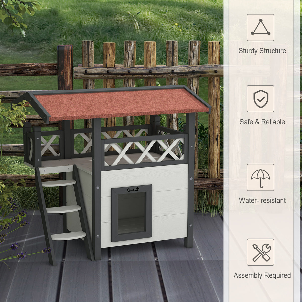 Cat House Outdoor with Balcony, Stairs, Roof - White