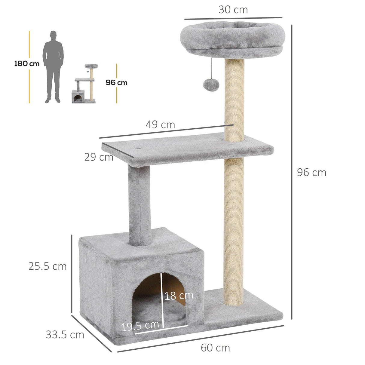 3-Tier Scratching Cat Tree, 96cm - Grey - Cat Trees - Purr Wish