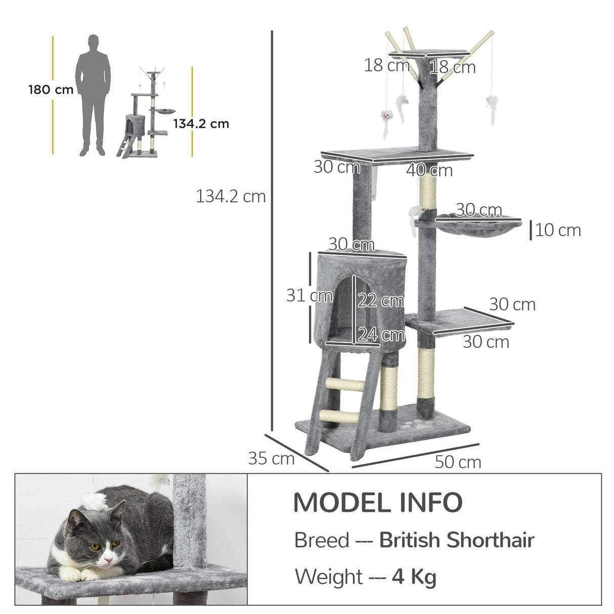 Multi-level Cat Scratching Post Tower with Ladder, 134.2cm - Grey - Cat Trees - Purr Wish