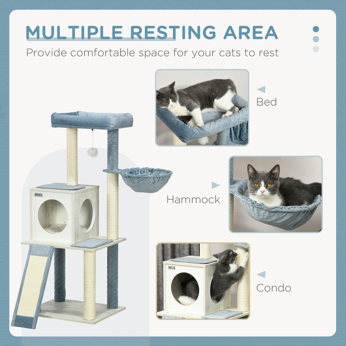 Cat Tree w/ Scratching Posts, Hammock, Bed, House, 114cm - Grey Blue - Cat Trees - Purr Wish
