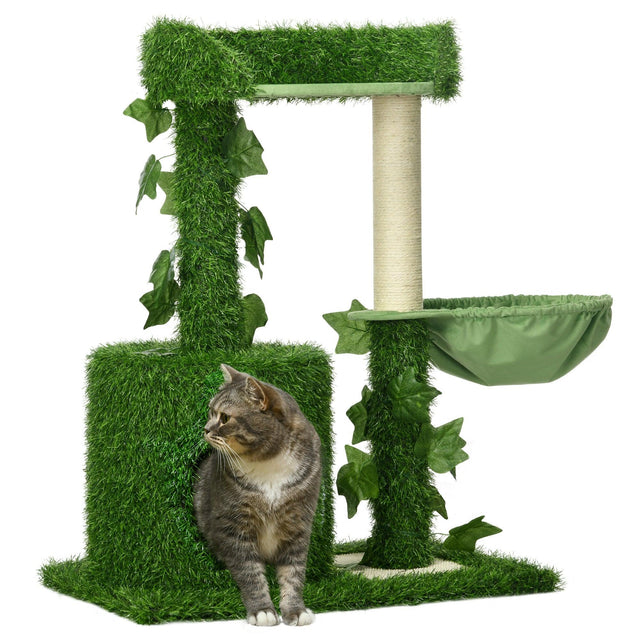 Indoor Cat Climbing Tree with Green Leaves, 77cm - Green & White - Cat Trees - Purr Wish