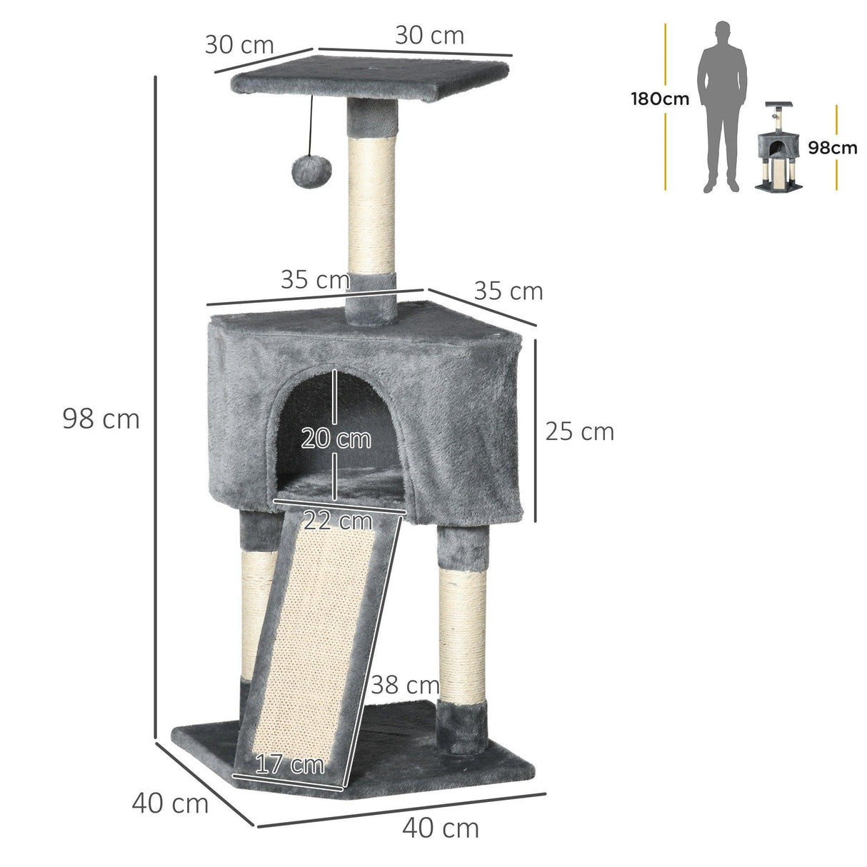 Corner Cat Tower w/ Sisal Rope Scratching Post, 98cm - Grey - Cat Trees - Purr Wish