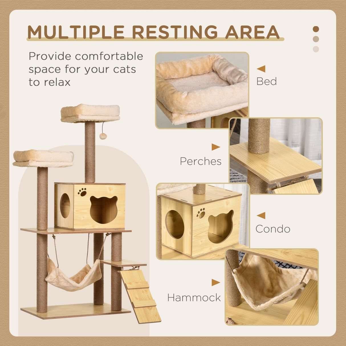 Multi-Level Cat Tree, Scratching Posts, Condo, Ball, 130cm - Yellow - Cat Trees - Purr Wish