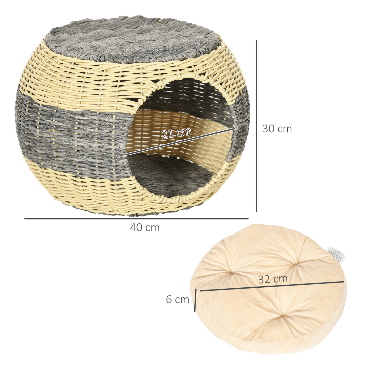 Elegant Wicker Cat House with Soft Washable Cushion, ?40 x 30cm