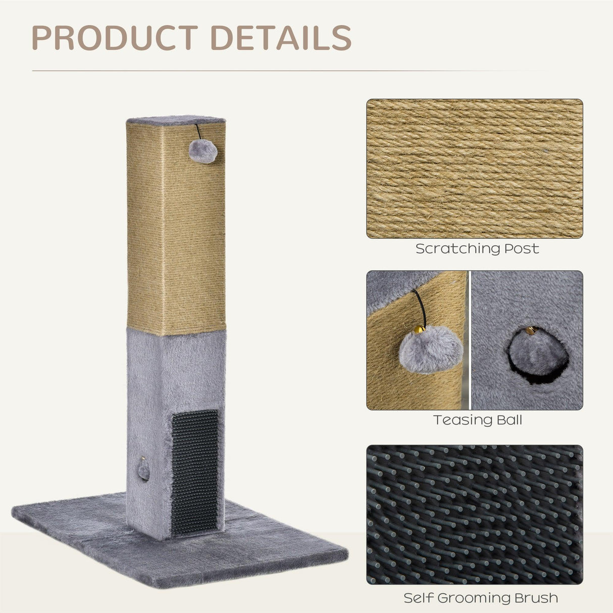 Cat Scratching Post w/ Self Grooming Brush, 79cm - Grey - Cat Scratchers - Purr Wish