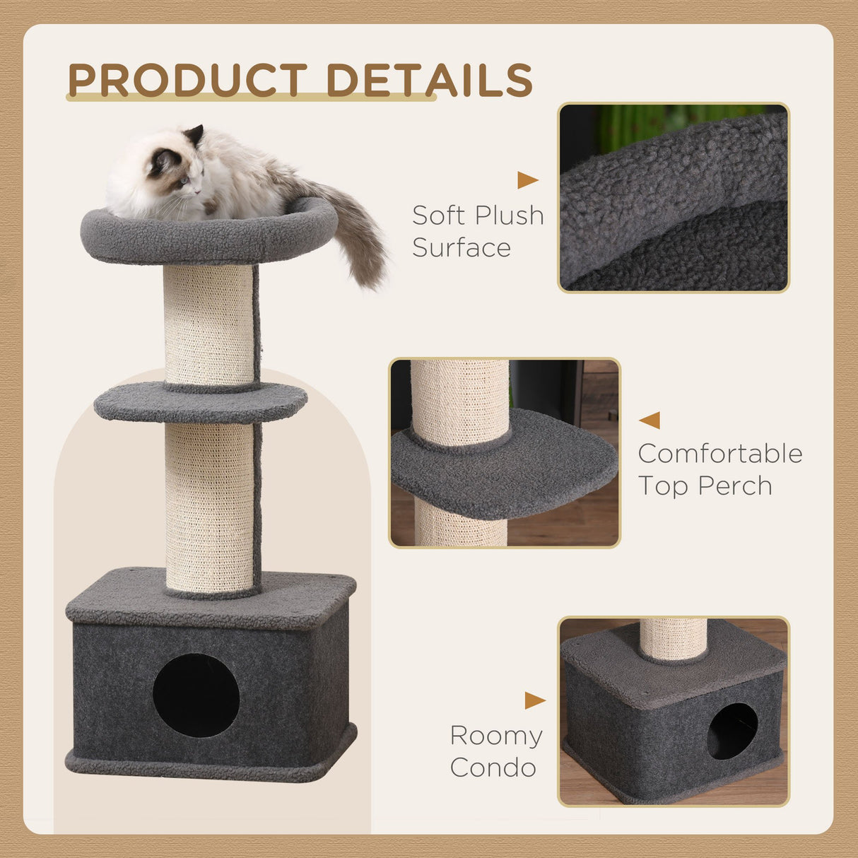 Grey Multi-Level Cat Tower with Plush Perches