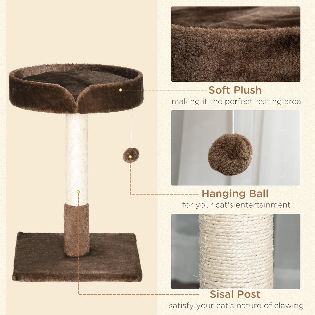 Cat Tree w / Sisal Scratching Post & Ball Toy - Brown - Cat Trees - Purr Wish