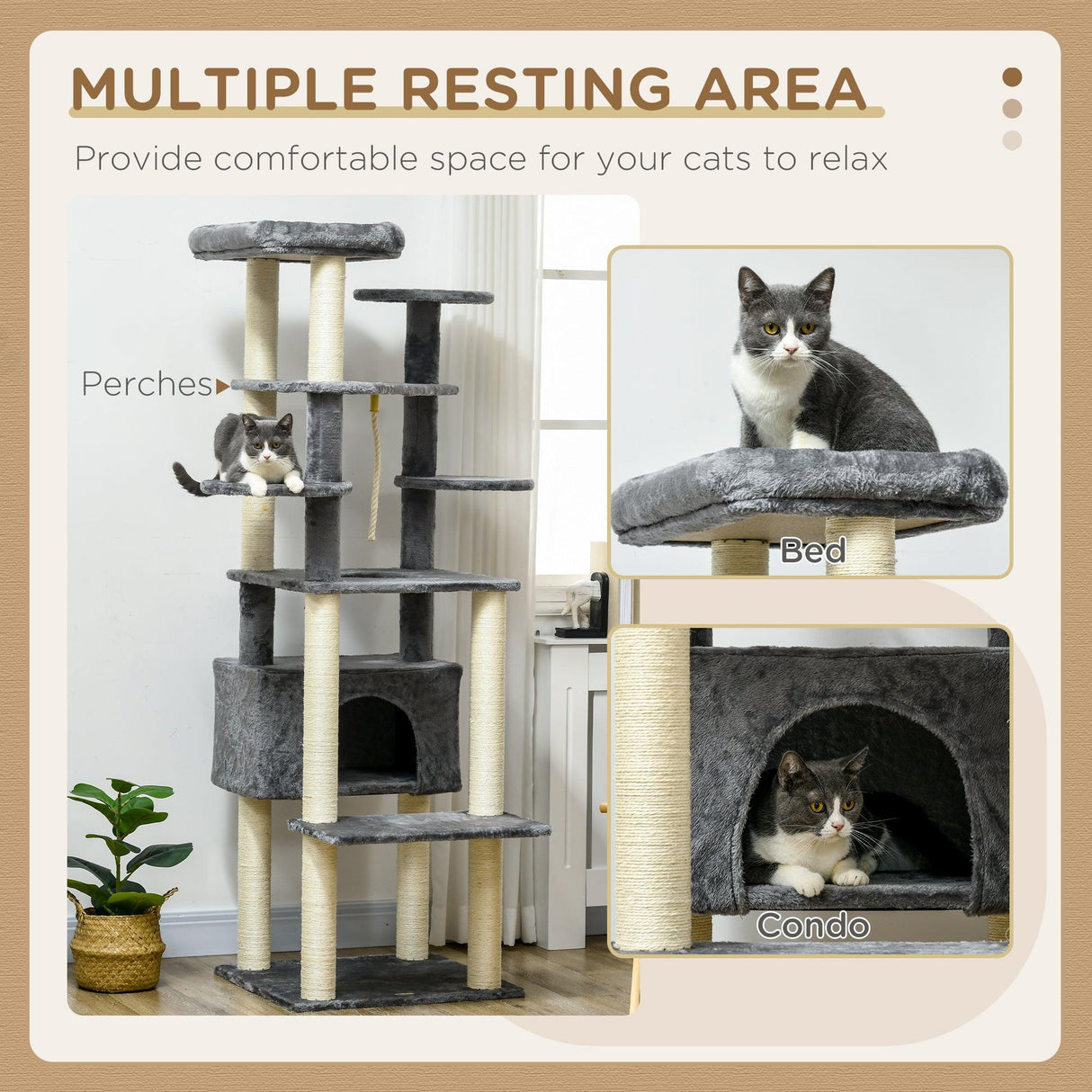 Multi-level Cat Tree w/ Scratching Posts, Bed, Condo, 184cm - Grey - Cat Trees - Purr Wish