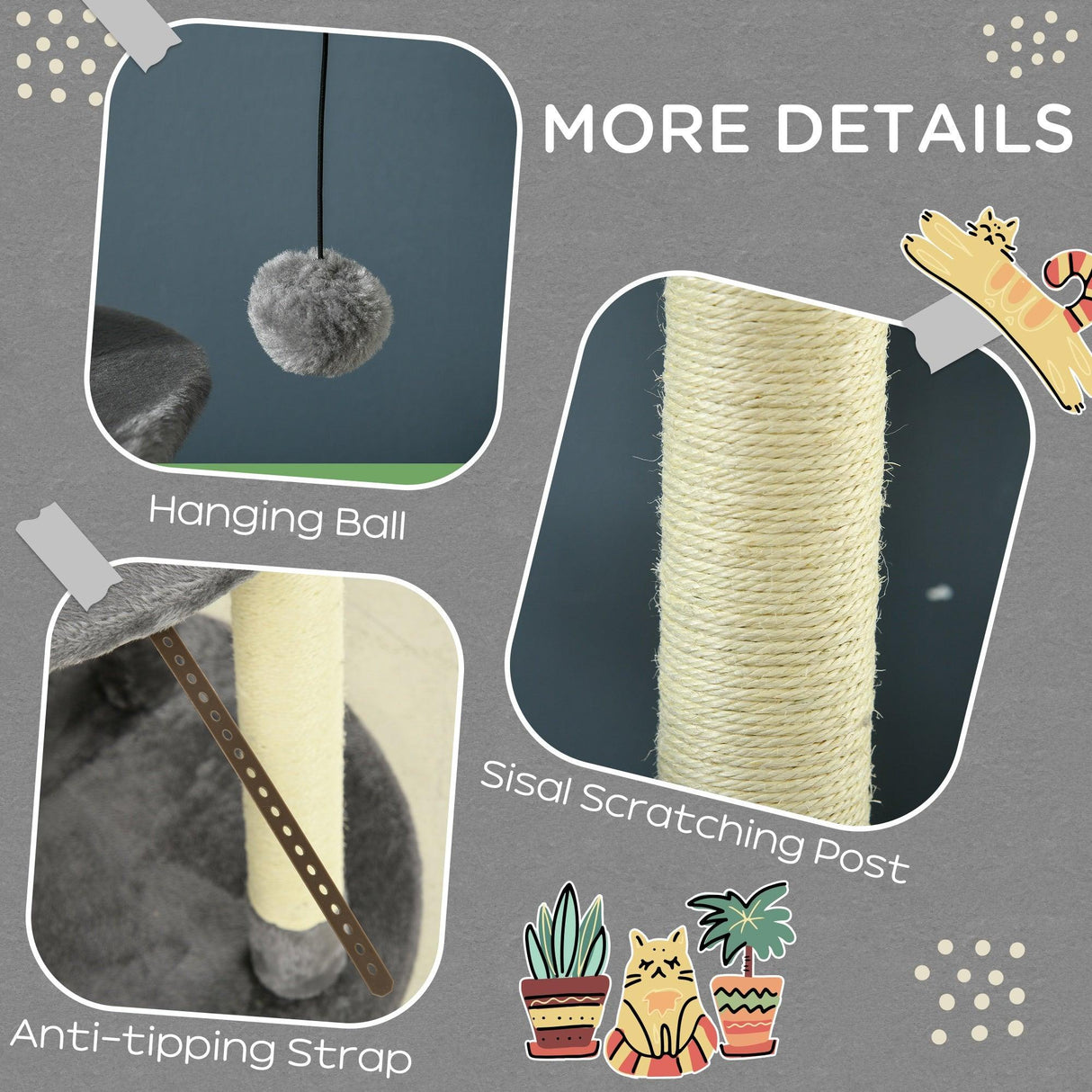 Grey Three-Tier Cat Activity Center Tower, 136cm - Grey - Cat Trees - Purr Wish