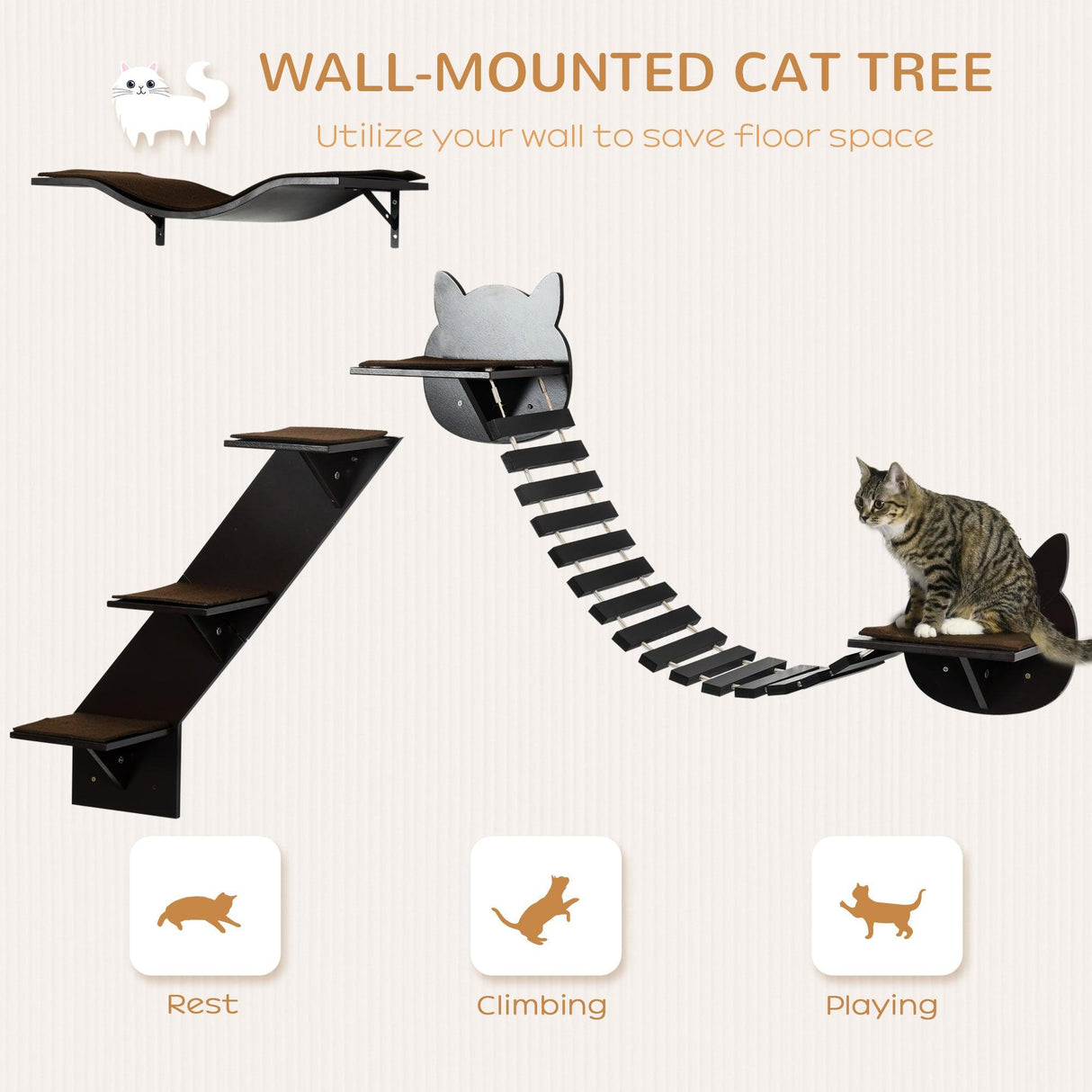 3-Piece Coffee Brown Cat Wall Shelf Set - Cat Walls - Purr Wish