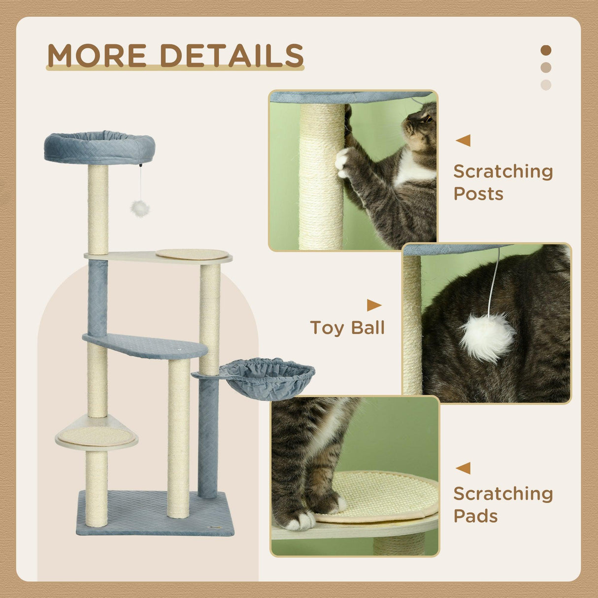 Indoor Cat Tree, Scratching Posts, Hammock, Cat Bed, 118.5cm - Grey Blue - Cat Trees - Purr Wish
