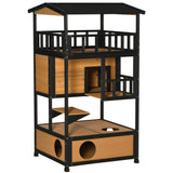 3-Tier Wooden Cat House for Winter Kitten Lodge w/ Tilted Roof, Yellow