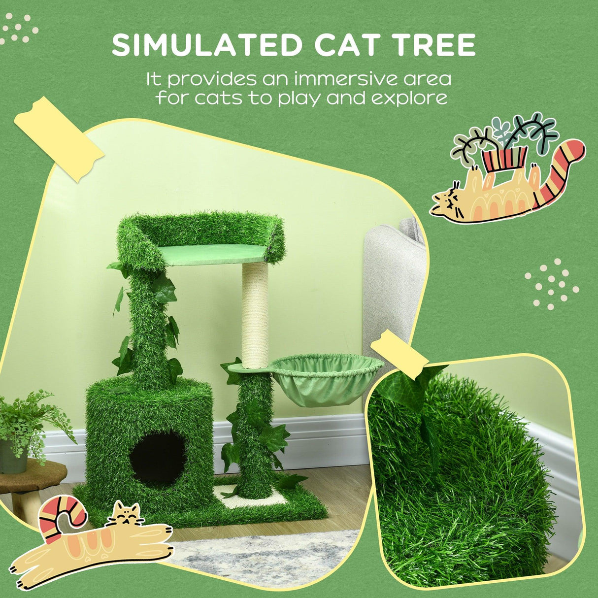 Indoor Cat Climbing Tree with Green Leaves, 77cm - Green & White - Cat Trees - Purr Wish