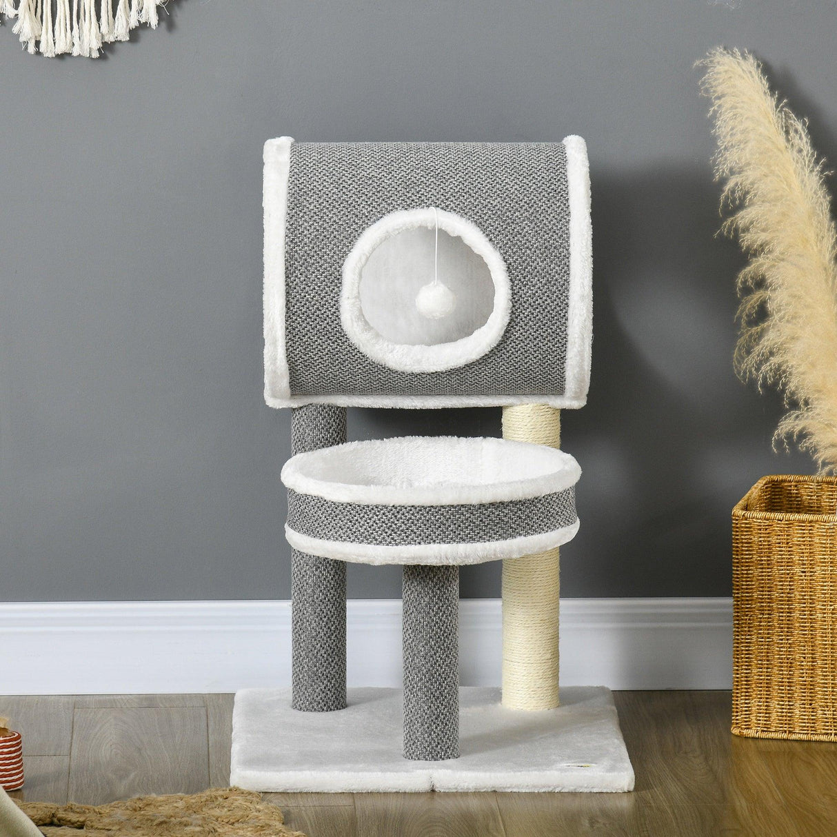 Cat Tree w/ Scratching Posts, Tunnel, Plush Bed, 73cm - Grey & White - Cat Trees - Purr Wish